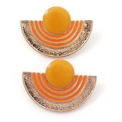 Yellow, Orange Enamel 'Half Moon' Egyptian Style Stud Earrings In Gold Plating - 45mm Width - main view