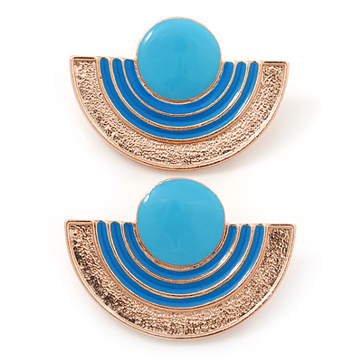 Light Blue Enamel 'Half Moon' Egyptian Style Stud Earrings In Gold Plating - 45mm Width - main view