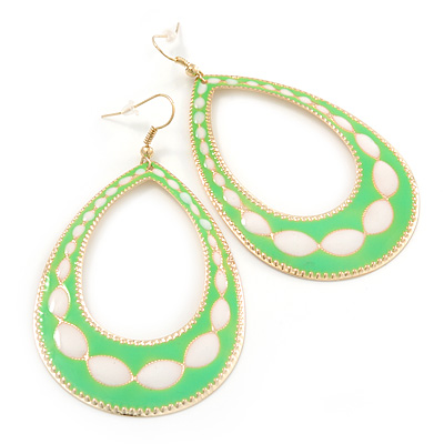 Long Lightweight Neon Green/ White Enamel Oval Hoop Earrings In Gold Plating - 85mm Drop
