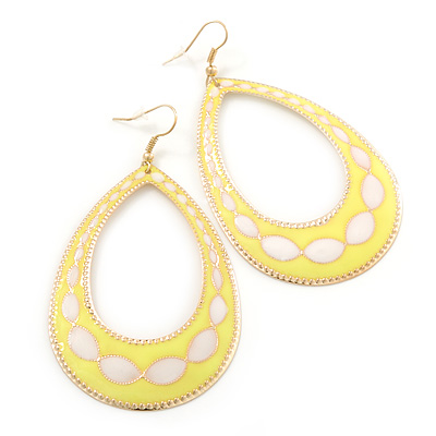 Long Lightweight Neon Yellow/ White Enamel Oval Hoop Earrings In Gold Plating - 85mm Drop - main view