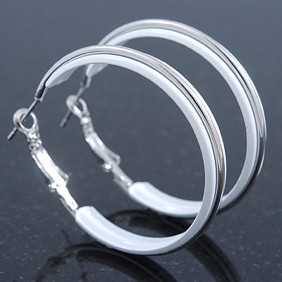 Medium White Enamel Hoop Earrings In Silver Tone - 40mm Diameter - main view