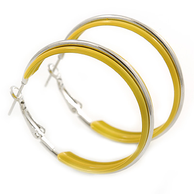 Medium Yellow Enamel Hoop Earrings In Silver Tone - 40mm Diameter - main view