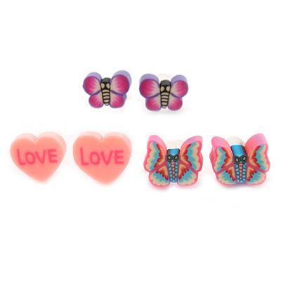 Children's/ Teen's / Kid's Fimo Pink Heart, Pink Butterfly & Purple Butterfly Stud Earrings Set - 10mm Across
