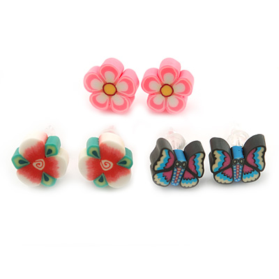 Children's/ Teen's / Kid's Fimo Pink Flower, White/Green Flower & Black/Blue Butterfly Stud Earrings Set - 10mm Across