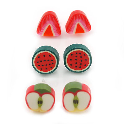 Children's/ Teen's / Kid's Fimo Red Strawberry, Green/Red Watermelon & Red/Green Apple Fruit Stud Earrings Set - 10mm Across