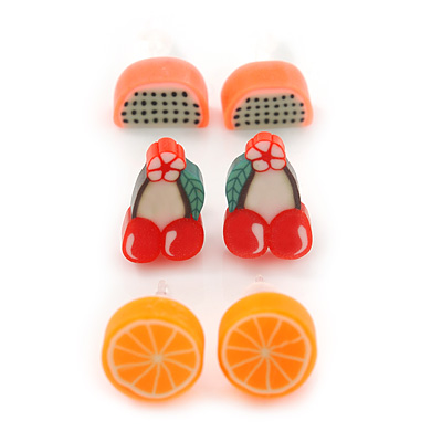Children's/ Teen's / Kid's Fimo Orange, Red/Green Cherry & Pink Guava Fruit Stud Earrings Set - 10mm Across