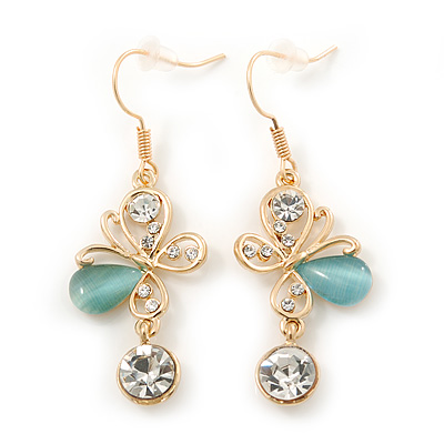 Clear Crystal, Light Blue Cat Eye Stone Butterfly Drop Earrings In Gold Plating - 50mm Length