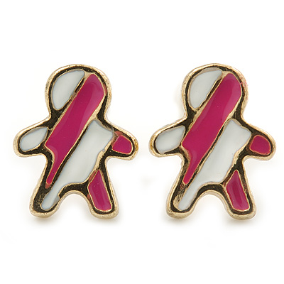 Children's/ Teen's / Kid's Small Deep Pink, White Enamel 'Gingerbread Man' Stud Earrings In Gold Plating - 10mm Length - main view