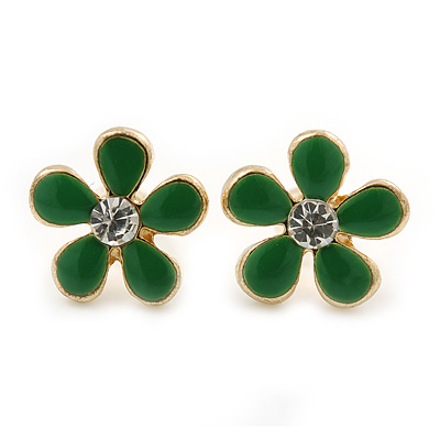 Children's/ Teen's / Kid's Small Green Enamel 'Flower' Stud Earrings In Gold Plating - 12mm Length