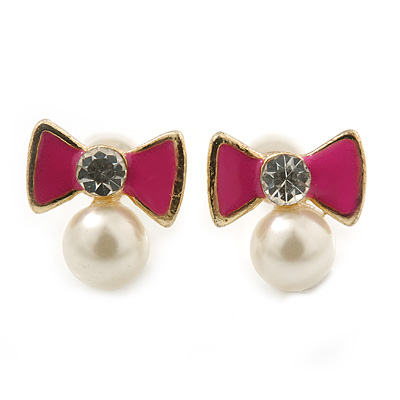 Children's/ Teen's / Kid's Small Deep Pink Enamel, Simulated Pearl 'Bow' Stud Earrings In Gold Plating - 10mm Length - main view