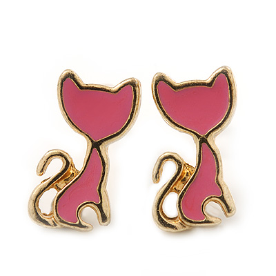 Children's/ Teen's / Kid's Small Pink Enamel 'Kitty' Stud Earrings In Gold Plating - 12mm Length - main view