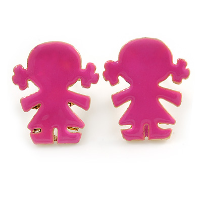 Children's/ Teen's / Kid's Small Deep Pink Enamel 'Little Girl' Stud Earrings In Gold Plating - 13mm Length