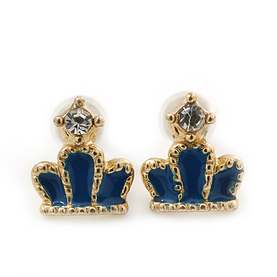 Children's/ Teen's / Kid's Tiny Navy Blue Enamel 'Crown' Stud Earrings In Gold Plating - 8mm Length