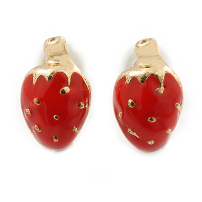 Children's/ Teen's / Kid's Tiny Red Enamel 'Strawberry' Stud Earrings In Gold Plating - 9mm Length - main view