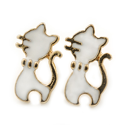 Children's/ Teen's / Kid's Small White Enamel 'Cat' Stud Earrings In Gold Plating - 15mm Length