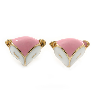 Children's/ Teen's / Kid's Tiny Pink/ White Enamel 'Fox' Stud Earrings In Gold Plating - 10mm Width - main view