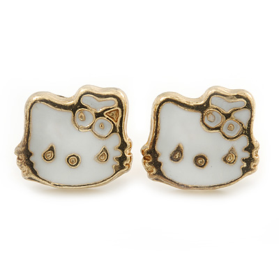 Children's/ Teen's / Kid's Tiny White Enamel 'Kitty' Stud Earrings In Gold Plating - 9mm Diameter
