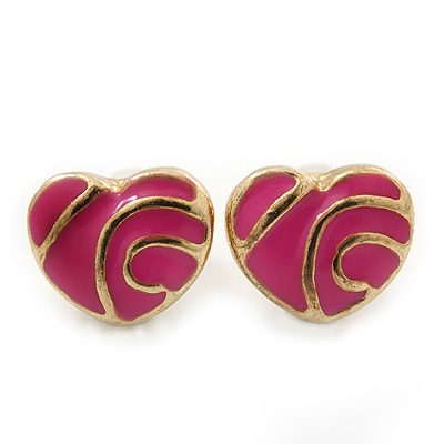 Children's/ Teen's / Kid's Tiny Deep Pink Enamel 'Heart' Stud Earrings In Gold Plating - 8mm Length - main view