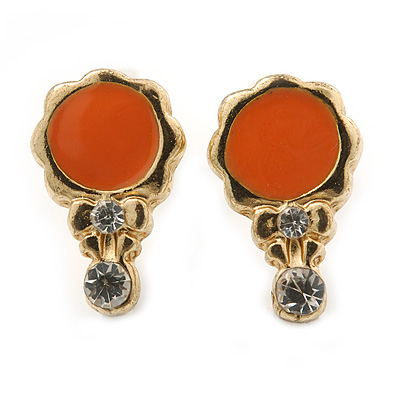Children's/ Teen's / Kid's Small Coral Enamel, Diamante 'Princess Mirror' Stud Earrings In Gold Plating - 12mm Length