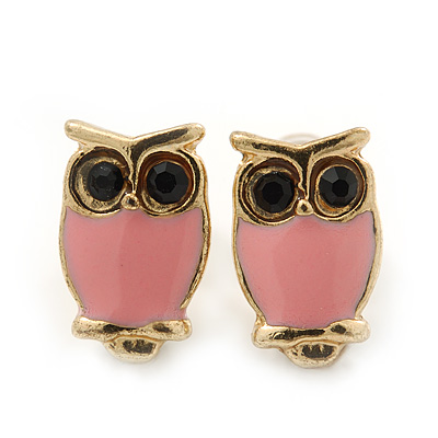 Children's/ Teen's / Kid's Tiny Pink Enamel 'Owl' Stud Earrings In Gold Plating - 10mm Length - main view