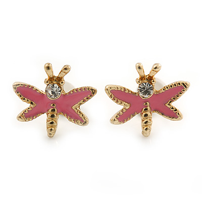 Children's/ Teen's / Kid's Small Pink Enamel 'Butterfly' Stud Earrings In Gold Plating - 10mm Width - main view