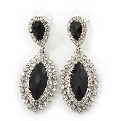 Prom/ Bridal Diamante Black/ Clear Oval Drop Earrings In Rhodium Plating - 50mm Length - main view