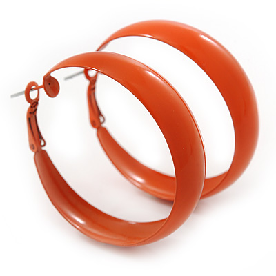 Wide Medium Orange Enamel Hoop Earrings - 45mm Diameter