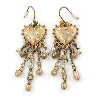 Vintage Inspired Crystal Bead Heart Earrings With Dangles In Antique Gold Tone - 60mm L