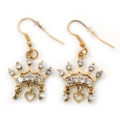 Gold Plated Crystal 'Crown' Drop Earrings - 45mm Length