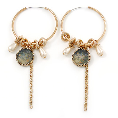 Gold Tone Slim Hoop Earrings With Charms - 40mm D