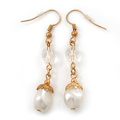 Vintage Inspired Simulated Pearl Bead Drop Earrings In Gold Tone - 50mm Length - main view