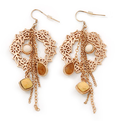 Gold Tone 'Wreath With Chain Dangles' Drop Earrings - 80mm Length - main view