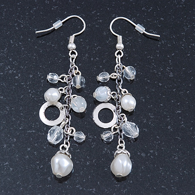 Silver Tone Glass, Simulated Pearl Bead Chain Drop Earrings - 65mm Length - main view