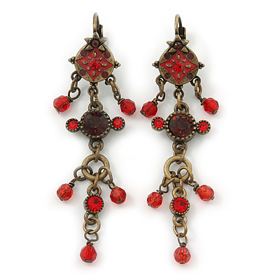 Vintage Inspired Red Enamel, Crystal, Bead Drop Earrings With Leverback Closure In Bronze Tone Metal - 65mm Length