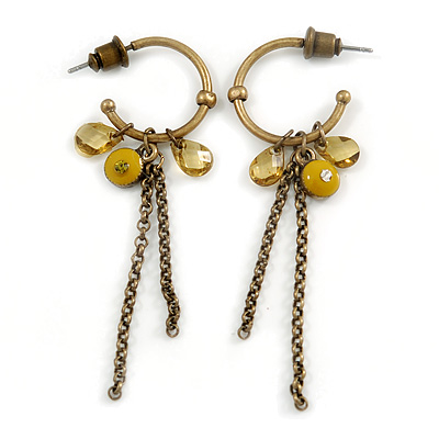 Small Vintage Inspired Bronze Tone Hoop Earrings With Olive Acrylic Beads & Chains - 55mm Length
