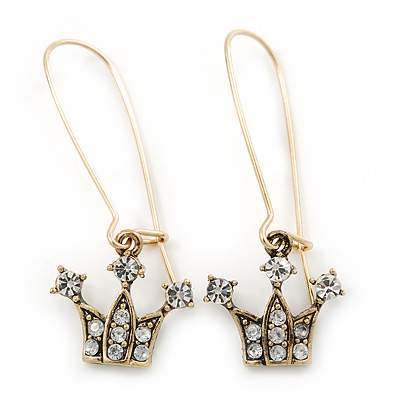 Antique Gold Tone Crystal 'Crown' Drop Earrings - 45mm Length