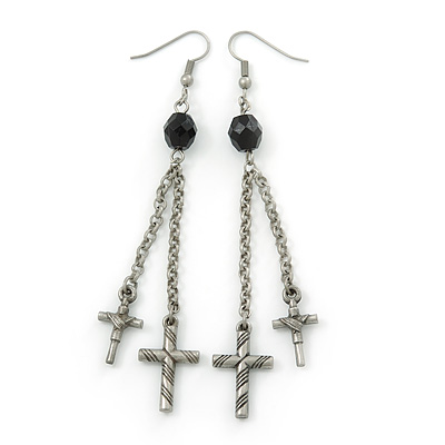 Long Vintage Inspired Chain Cross Dangle Earrings In Antique Silver Metal - 95mm Length