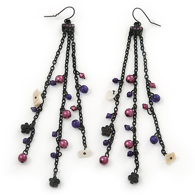 Long Black Tone Chain Dangle Earrings With Purple Acrylic Beads - 13cm Length