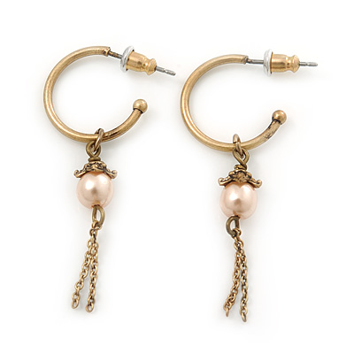 Small Vintage Inspired Antique Gold Tone Hoop Earrings With Pale Pink Simulated Pearl - 45mm Length