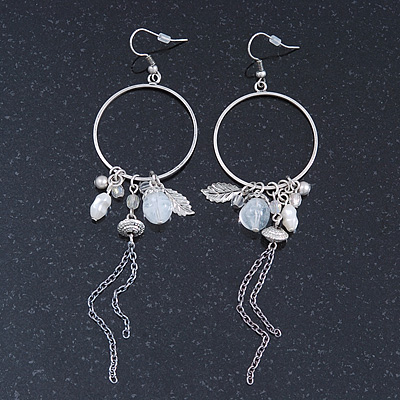 Long Antique Silver Tone Bead, Chain Charm Hoop Earrings - 12cm Length