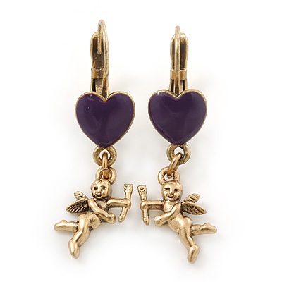 Vintage Inspired Gold Tone Purple Enamel Heart, Angel Drop Earrings With Leverback Closure - 40mm Length - main view