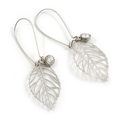Vintage Inspired Diamante Filigree 'Leaf' Drop Earrings In Matt Silver Tone - 65mm L - main view