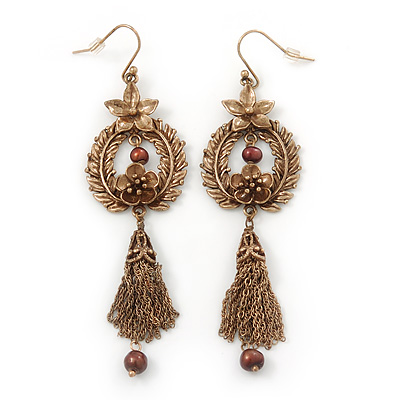 Vintage Inspired Floral Freshwater Pearl, Tassel Drop Earrings In Bronze Tone - 85mm Length