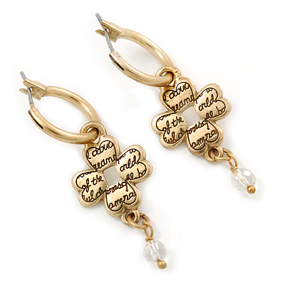 Vintage Inspired Small Hoop Earrings With In-scripted Clover Charm (Gold Tone) - 40mm L