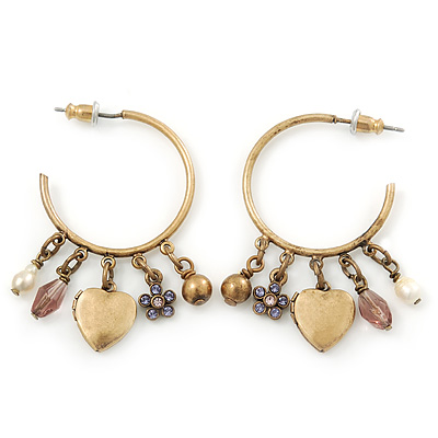 Medium Vintage Inspired Antique Gold Tone Hoop Earrings With Heart, Flower, Freshwater Pearl Charms - 40mm Length