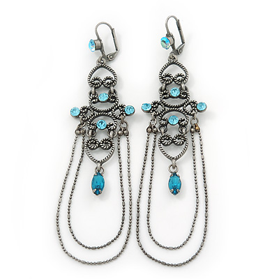 Long Vintage Inspired Light Blue Diamante Chandelier Earrings With Leverback Closure In Burn Silver Tone - 11cm Length