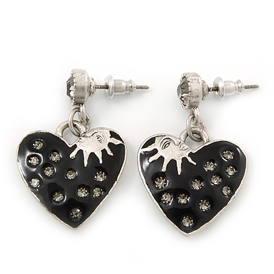 Vintage Inspired Black Enamel, Crystal 'Heart' Drop Earrings In Silver Tone Metal - 33mm Length