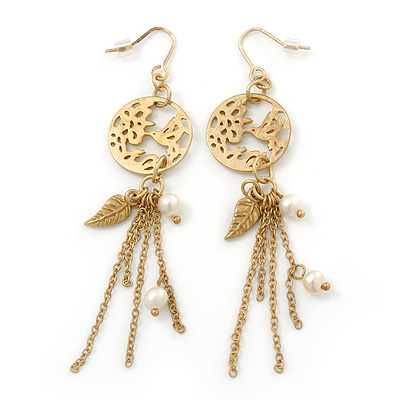Matt Gold Tone Bird Silhouette With Chains, Leaf, Freshwater Pearl Drop Earrings - 8cm Length