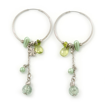 Silver Tone Hoop With Pale Green Bead Chain Dangle - 70mm Length