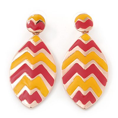 Coral, Yellow Enamel 'Leaf' Drop Earrings In Gold Plating - 60mm Length - main view